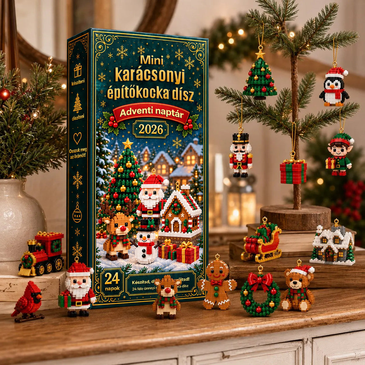 Billhol® 24 részes mini adventi naptár karácsonyi díszekkel | 24 egyedi, ünnepi minta saját kezű összeállításhoz, akasztókkal együtt – tökéletes karácsonyfák, koszorúk és ünnepi dekorációk díszítésére🌙