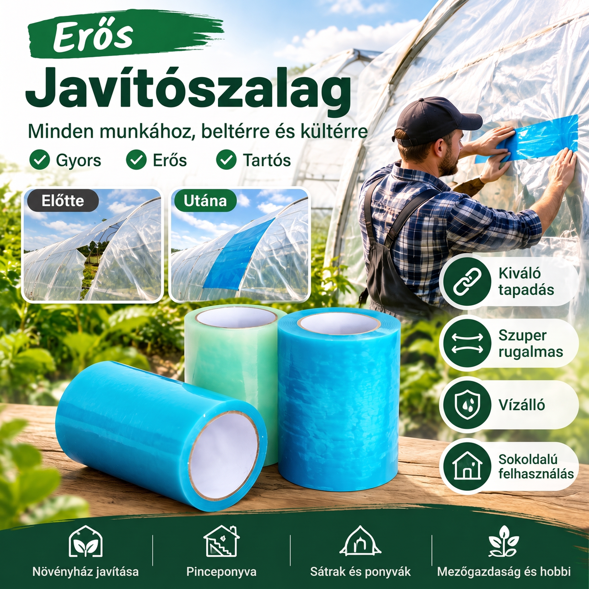 ✨ Vízálló üvegházi fólia javítószalag, rendkívül erős tapadással
