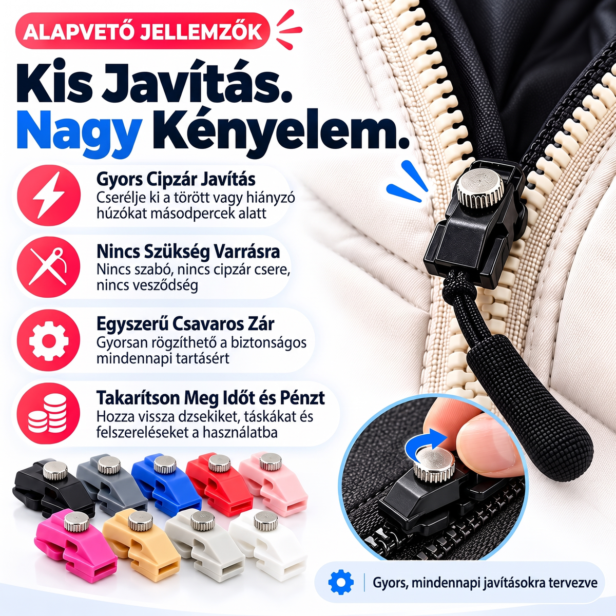 🔧 Egyszerűen felszerelhető cipzárfogó-javítókészlet ⚡ Nincs szükség varrásra, csak be kell dugni, és máris használható!