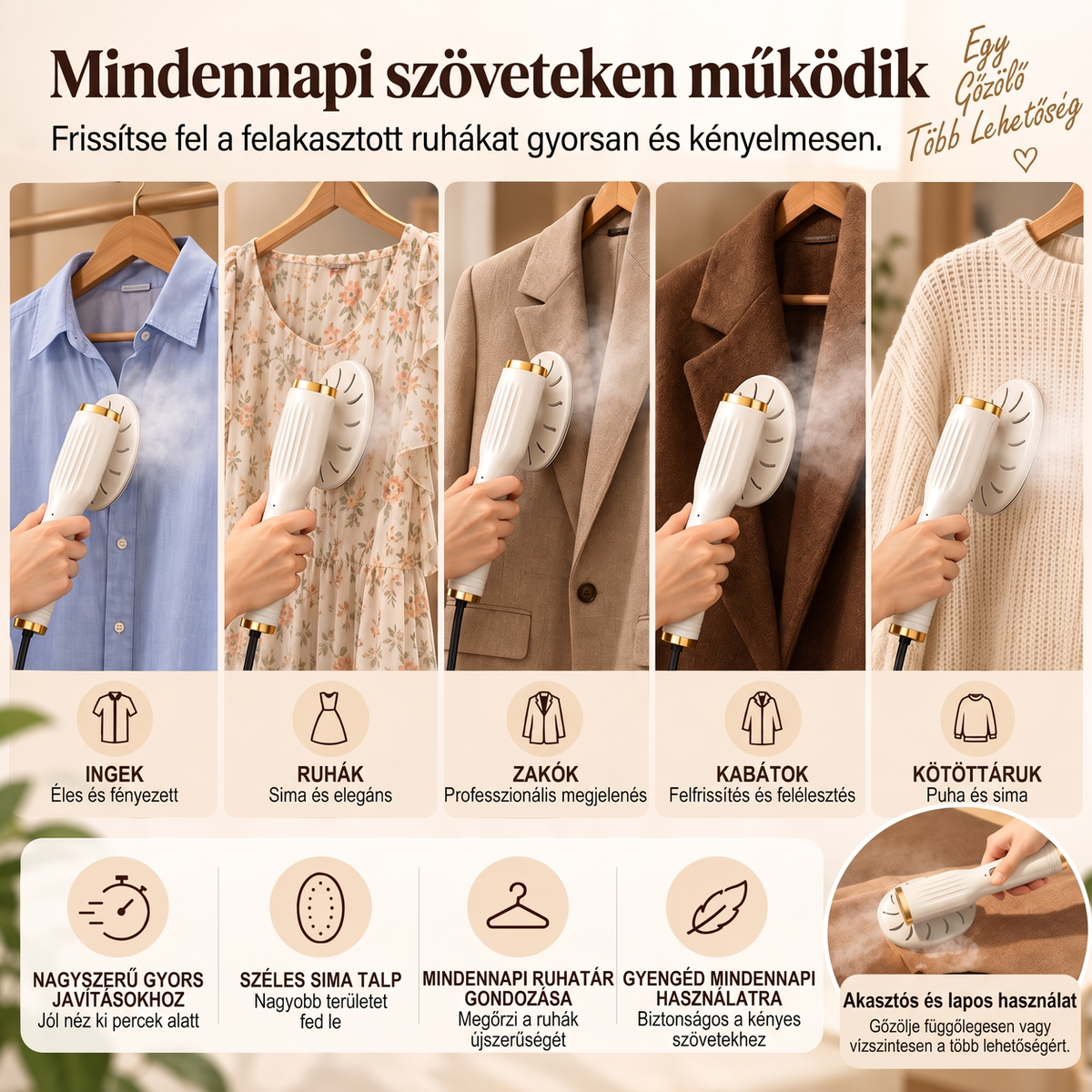 👔✨ Hordozható kézi gőzvasaló – 20 másodperces felmelegedés, szárazvasalás és gőz üzemmód🌫️