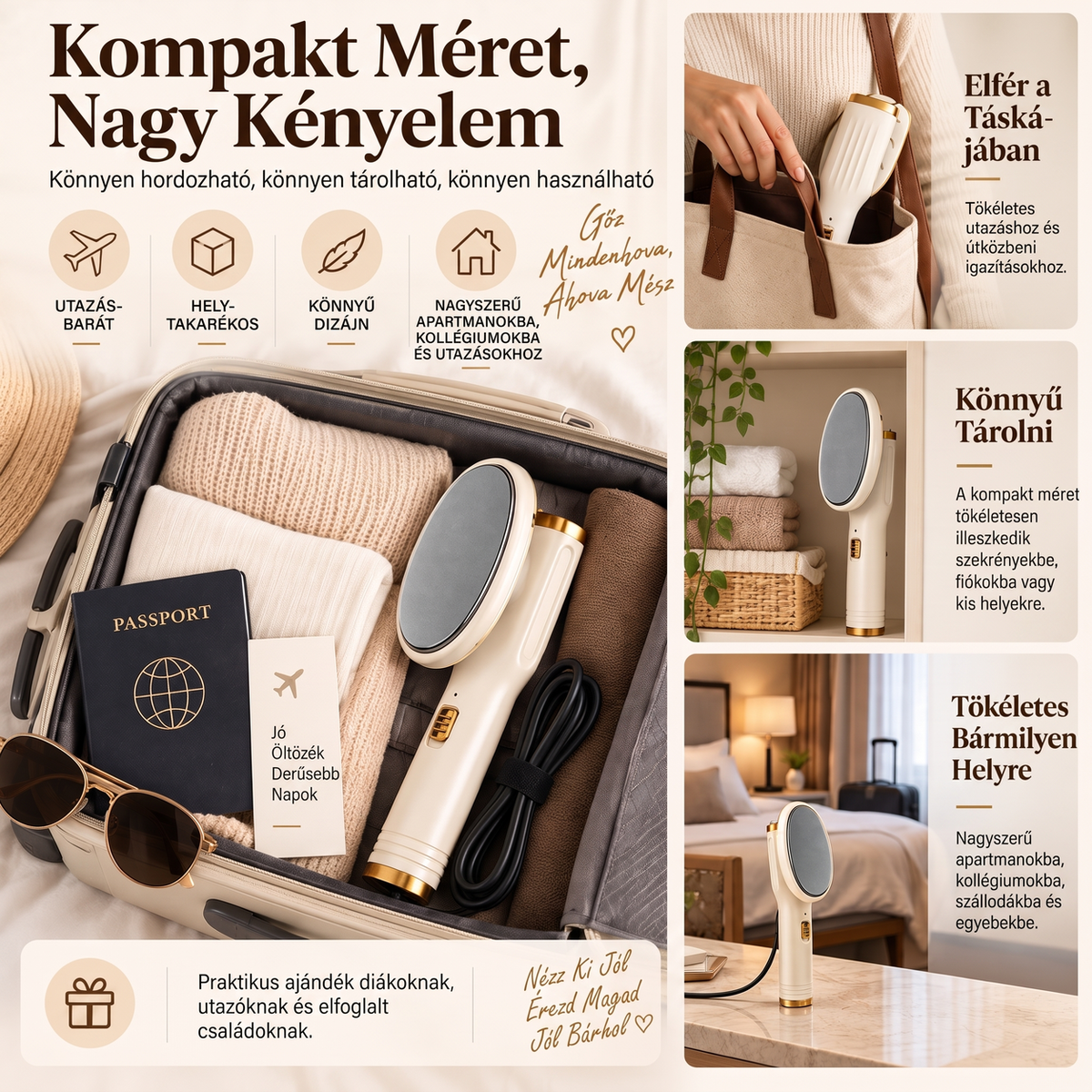 👔✨ Hordozható kézi gőzvasaló – 20 másodperces felmelegedés, szárazvasalás és gőz üzemmód🌫️